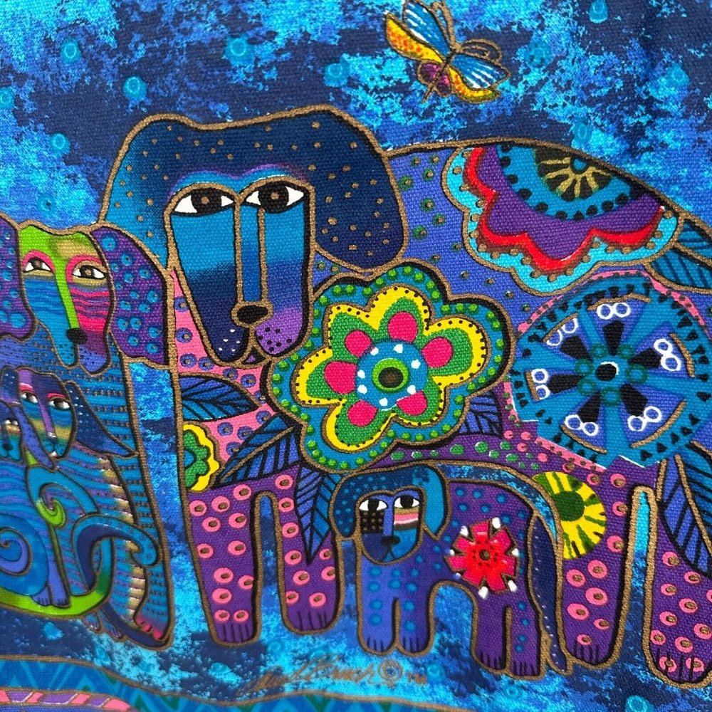 Laurel Burch Purse Shoulder Bag Colorful Vibrant Blue Dogs Sequins Canvas Tote - Picture 3 of 16
